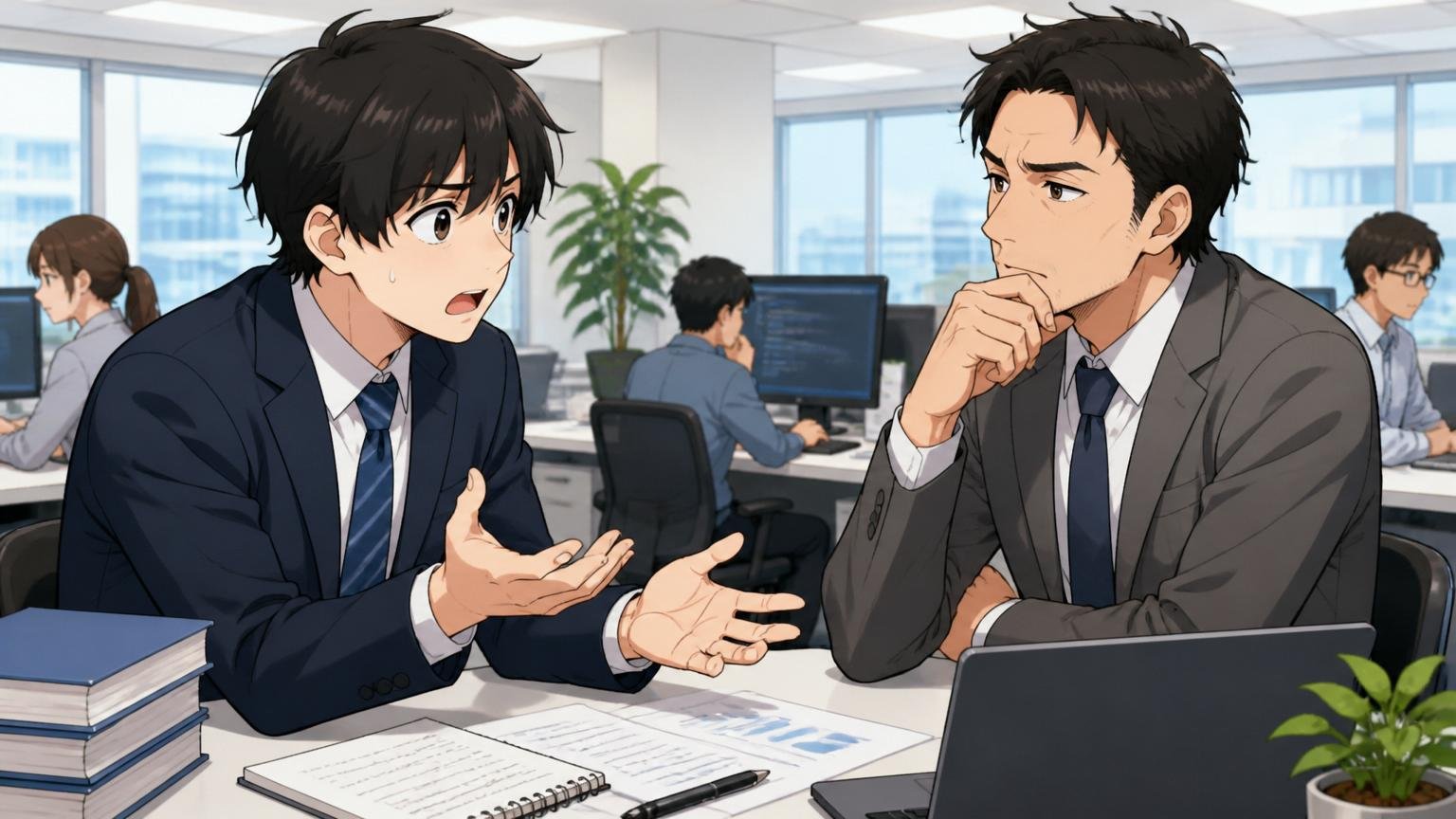 我慢すれば上がるを鵜呑みにしない理由。SIerのオフィスで先輩に相談する若手男性社員と先輩男性の2人