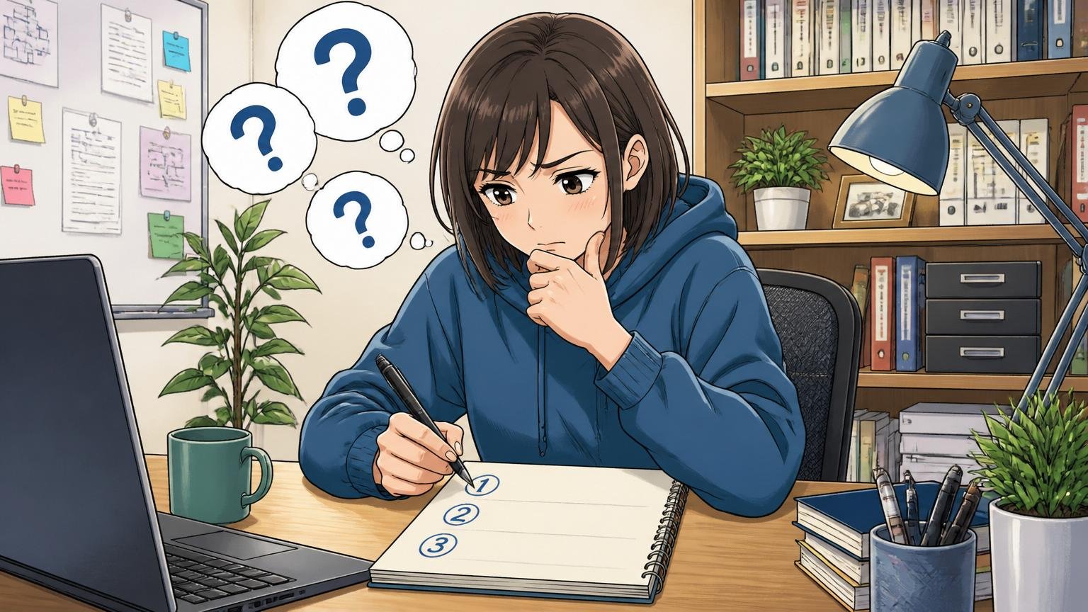 迷ったときの判断軸3つの質問。自宅のデスクでノートに書き出しながら考え込む30代女性エンジニア1人