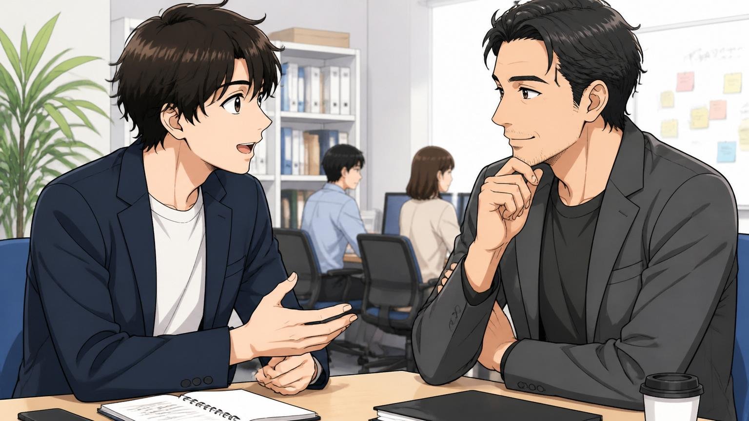 「市場価値を知る」は「辞める」ではない。オフィスで20代男性と40代男性が穏やかに対話する