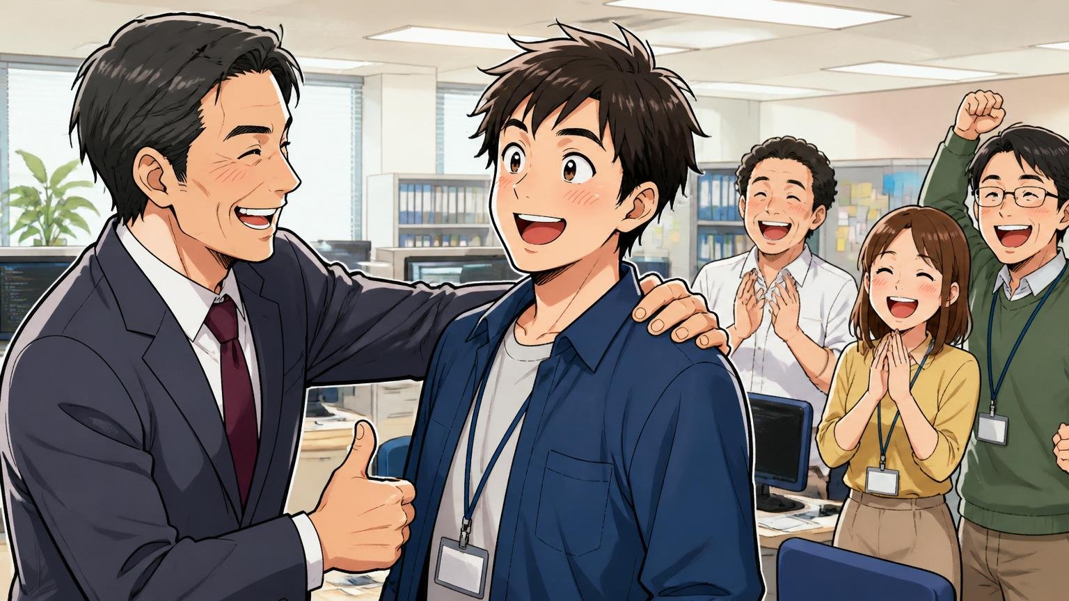 「残ってよかったという声も確かにある」企業のオフィスで昇格を上司に祝福される中堅男性エンジニア
