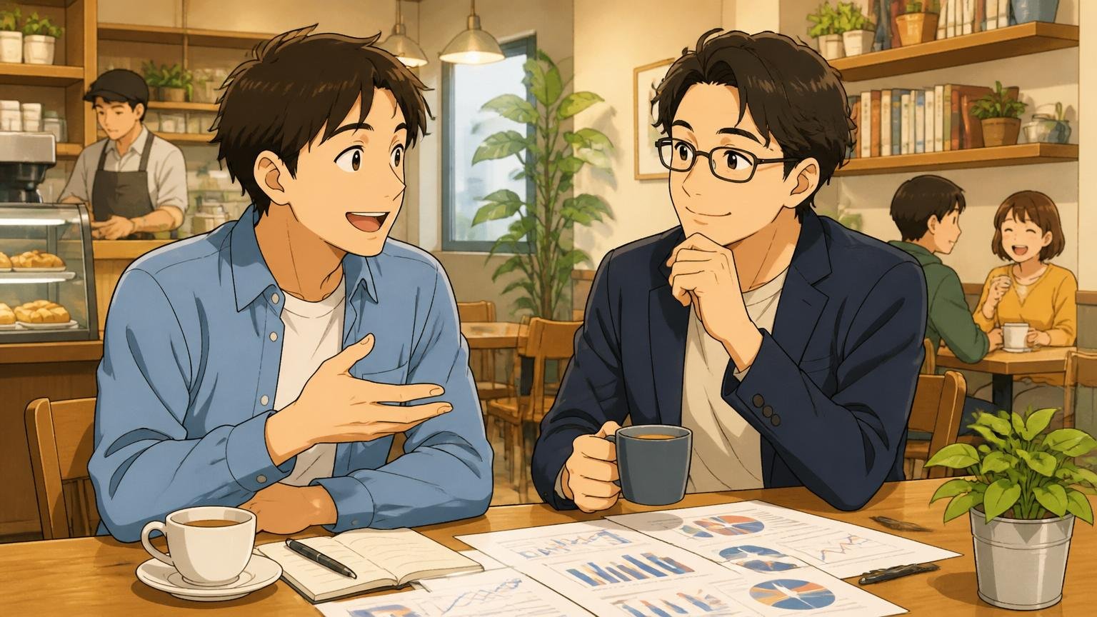 退職データが教えてくれること。カフェで元同僚2人がキャリアについて穏やかに語り合う