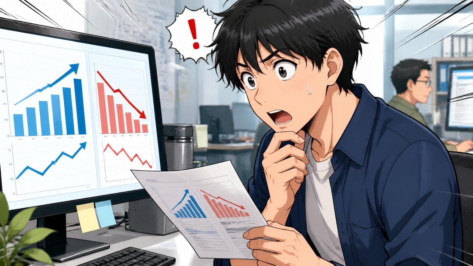 IT人材の市場価値と業界給与水準のズレ。オフィスで技術職の男性社員がはっと気づいた表情を見せる