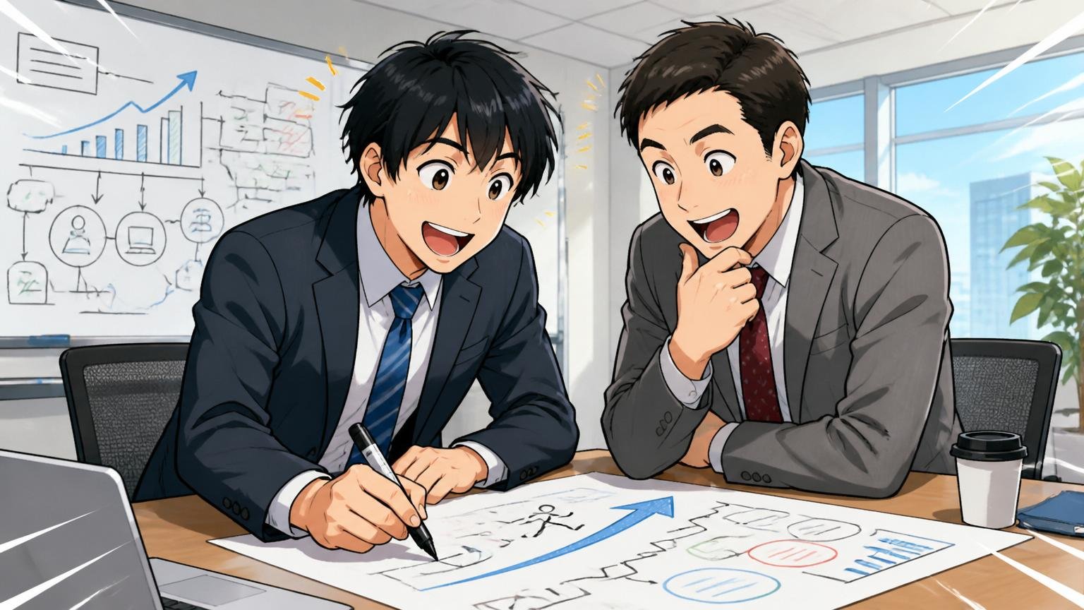 残るなら年収を上げる現実的な道|SIerの会議室でキャリアプランを描き出す前向きな男性社員2人