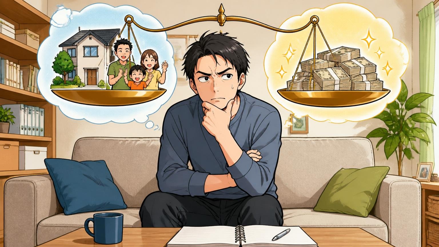 安定と年収のどちらを今優先するか 自宅のリビングで天秤を思い浮かべて悩む30代男性