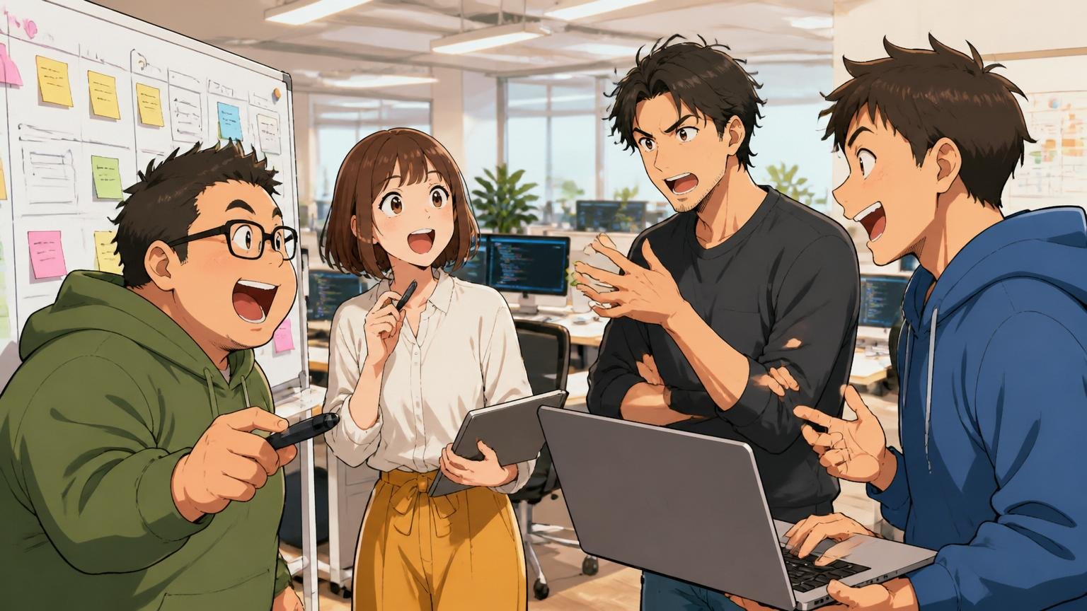 自社開発SaaS（freee・Sansan・マネーフォワード等）。SaaSスタートアップのアジャイル開発フロアで、男女混在のエンジニア4人が立ち会議で活発に議論