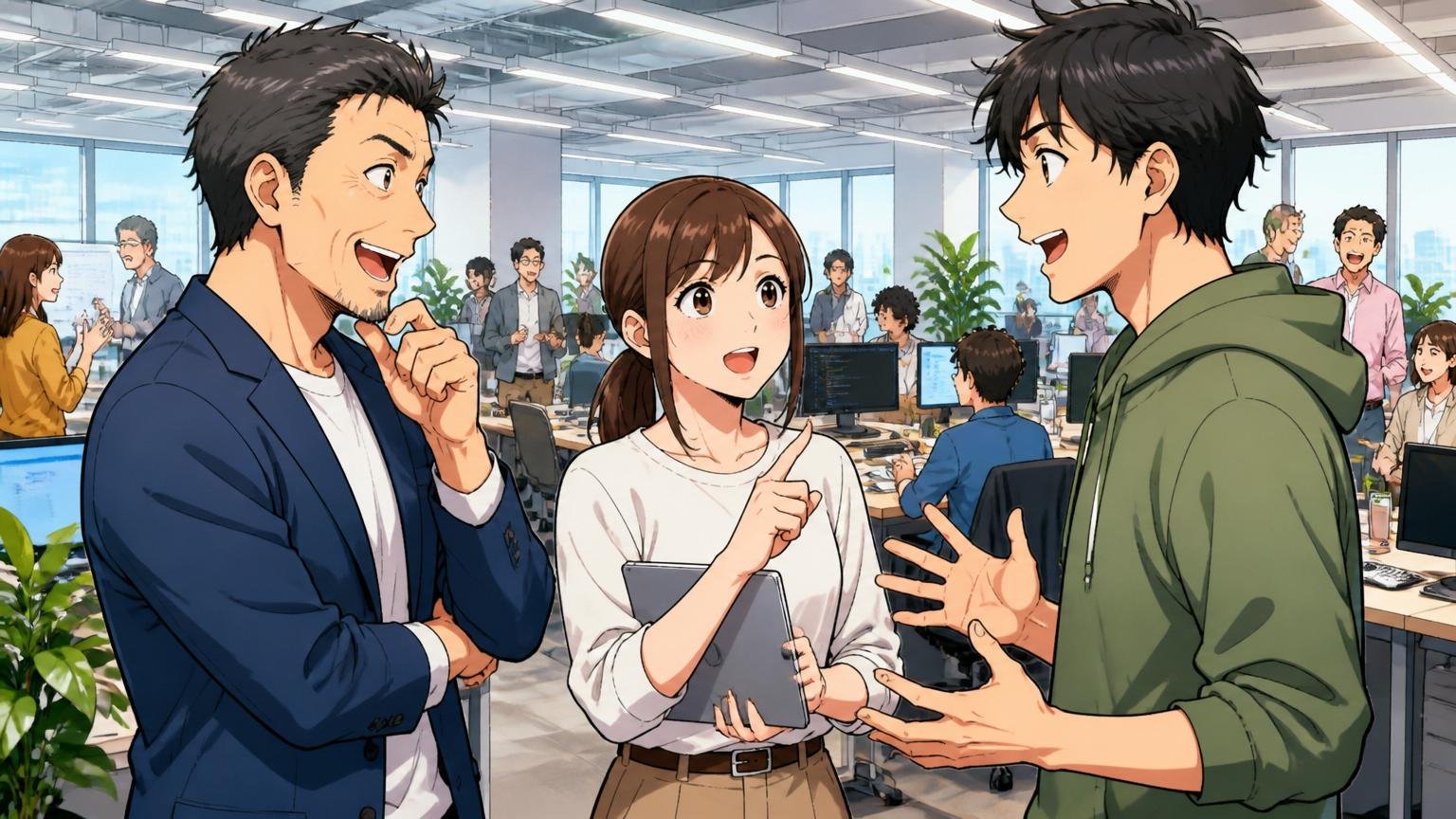 メガベンチャーの広い開発フロアで複数のチームが活発に議論する場面。Web系メガベンチャーのオフィスで40代男性、20代女性、20代男性の3人が立ち話で熱心に意見交換する。3人のシーン