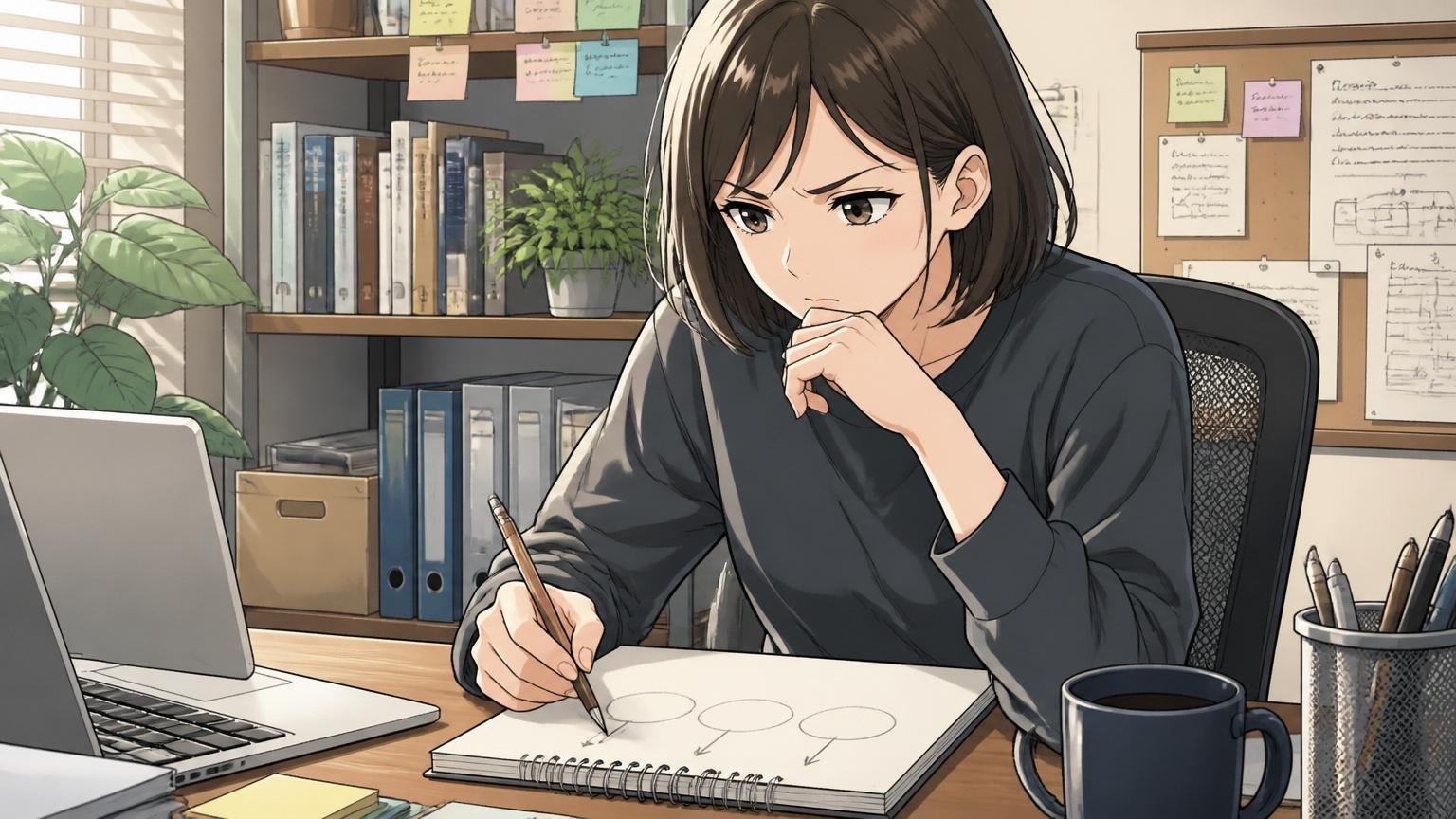 判断を間違えないための3つの問い、自宅のデスクでノートに自問自答を書き出す30代女性エンジニア1人、深く考え込む内省的な表情