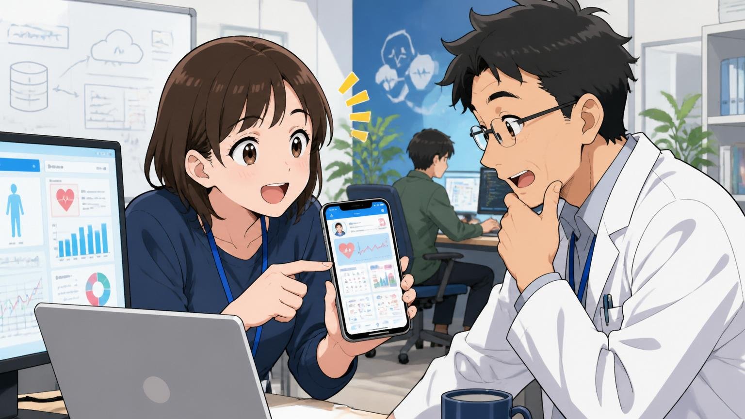 ヘルスケア事業の人 → ヘルステック・医療系SaaS・大手製薬DXへ。ヘルステック企業のオフィスで、30代女性医療データエンジニアが医師と一緒にPHRサービスのプロトタイプを確認している