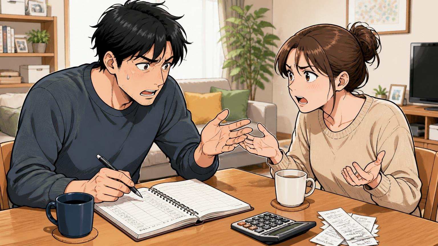 自宅のリビングでパートナーと向かい合って話し合う30代エンジニア1人、テーブルにコーヒーと家計簿