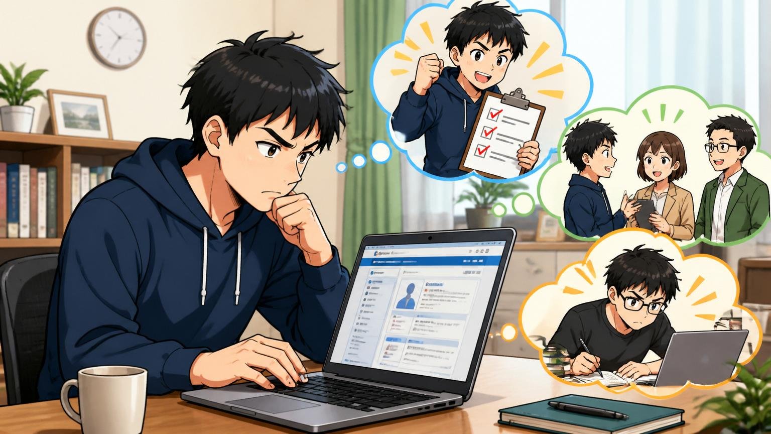 迷っている人が今すぐやるべき3つの行動。自宅のデスクで在宅勤務をしている1人のエンジニアがノートPCで転職サイトを開いて真剣な表情をしている