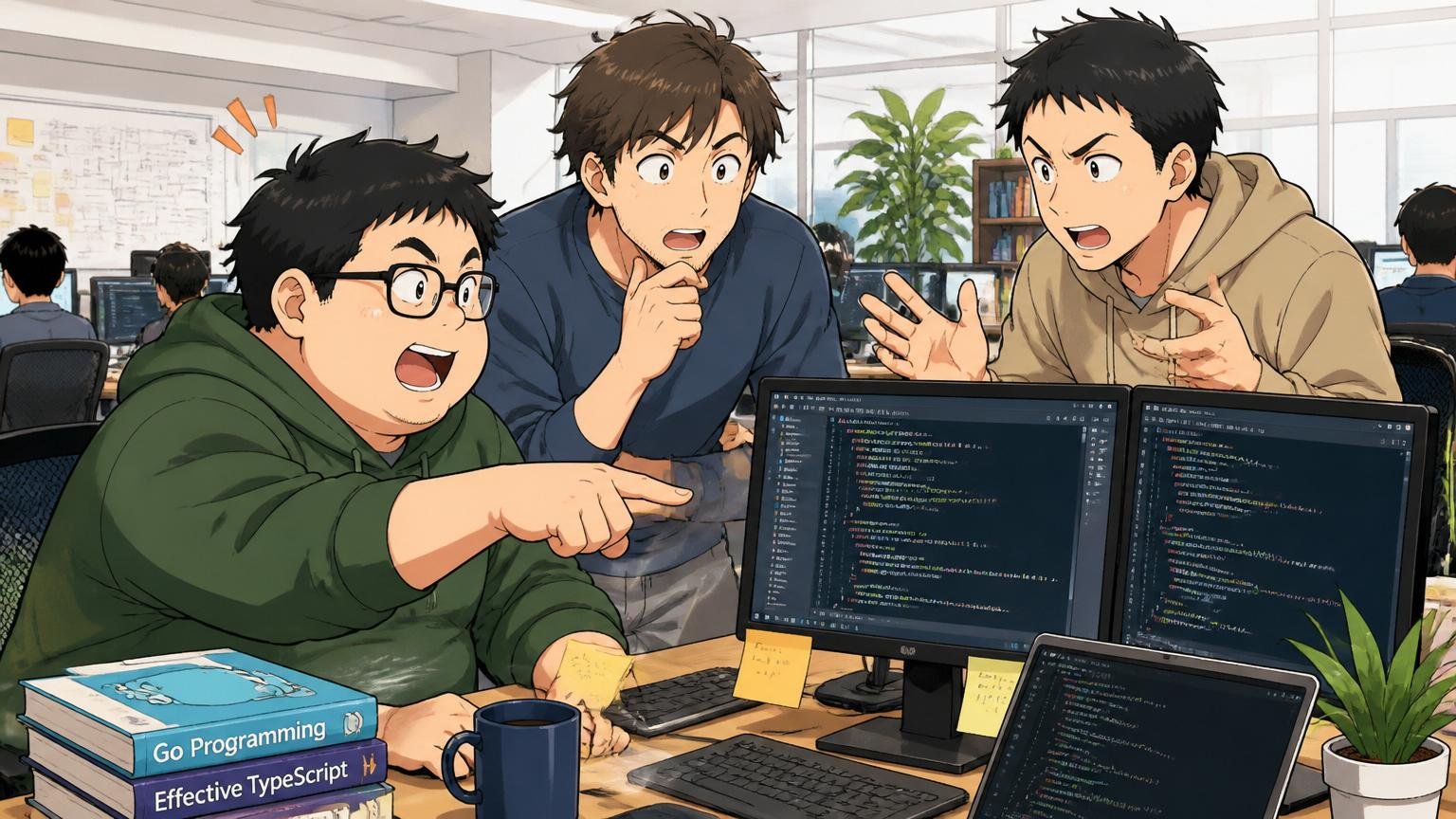 Web系スタートアップのオープンオフィスでGoとTypeScriptのコードレビューをする30代エンジニア3名