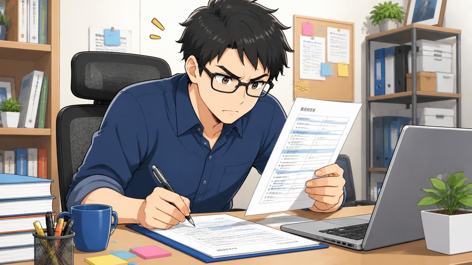 自宅のデスクで職務経歴書を丁寧に書き直す30代エンジニア1人