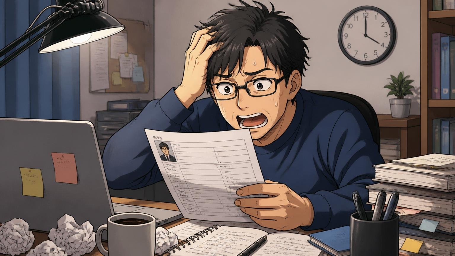 やってはいけない3つの自己評価で失敗する30代男性SEが自宅のデスクで深夜に履歴書の内容に困惑するシーン