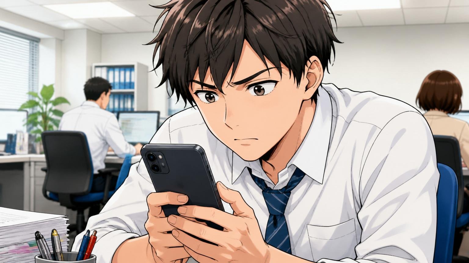 スマホのSNS画面を真剣な表情で見つめる若手社員1人