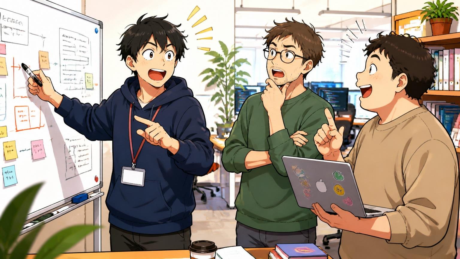 モダンなオフィスでスタンディングミーティングを行うSaaS企業エンジニア｜Web系スタートアップのオフィスでカジュアルな服装の20-30代エンジニア3名