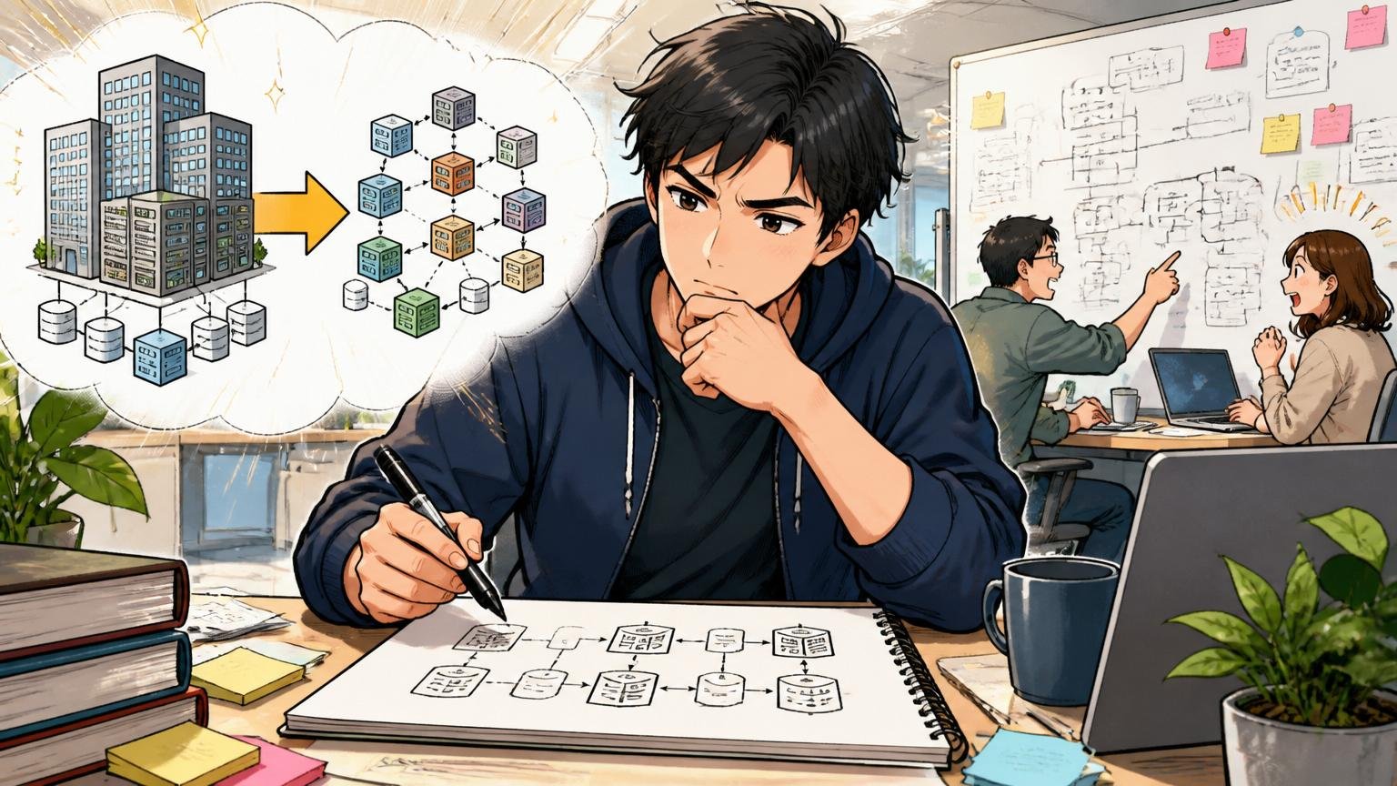 大規模システム開発から分散システム設計実装経験への翻訳。Web系スタートアップのオフィスでアーキテクチャ図を描く30代男性エンジニア1人、考える表情