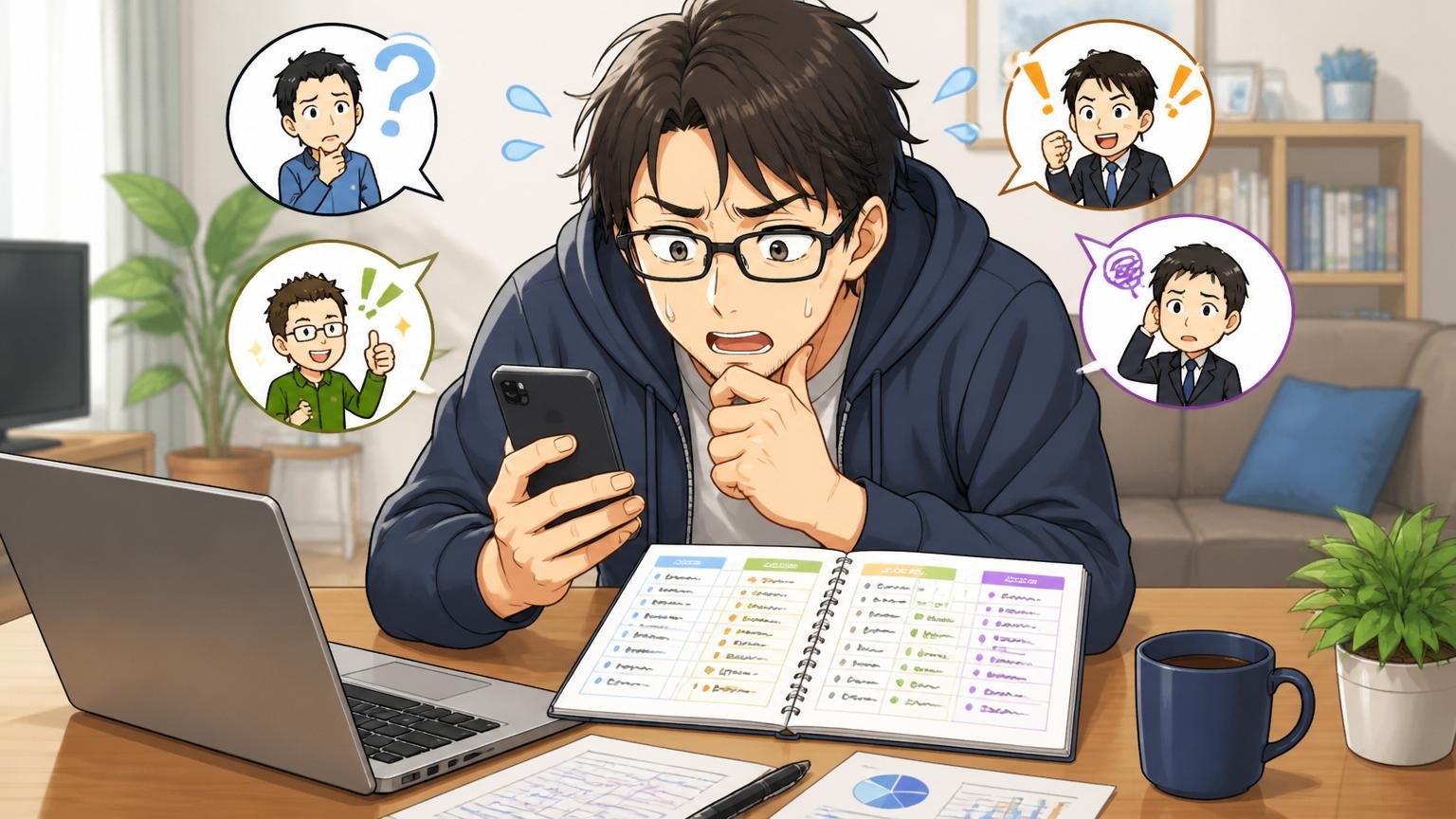 自宅のリビングでスマホとノートを開いて転職エージェントを比較する30代のエンジニア1人