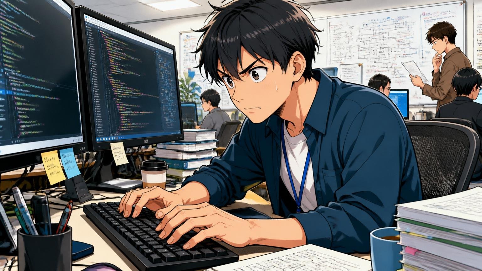 SIerの開発現場で集中して作業する若手エンジニア、複数モニター前で実績作りに励む、1人