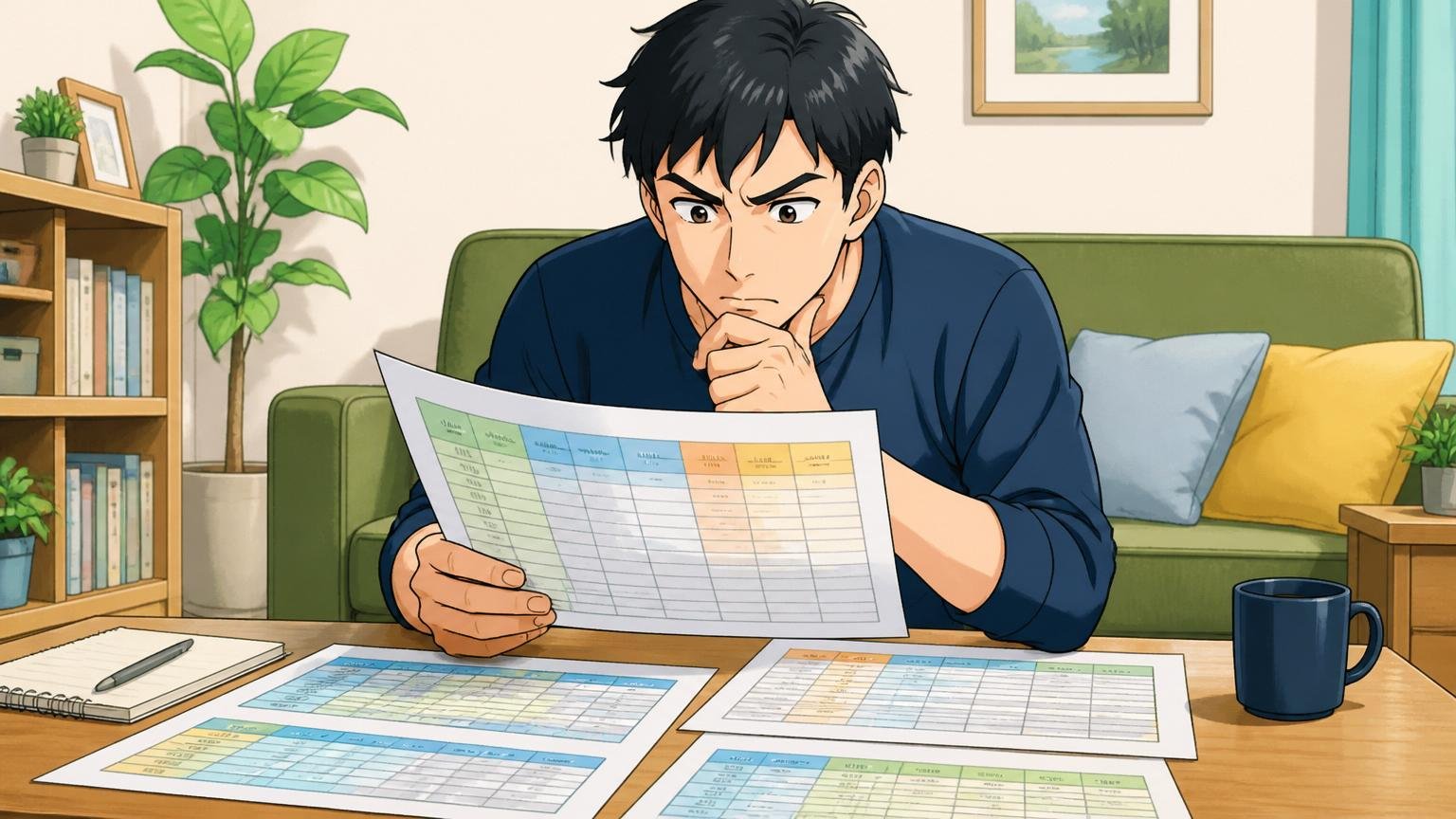 同水準の年収を提示する複数の企業を比較するエンジニア、自宅のリビングで給与レンジ表を眺める30代男性1人
