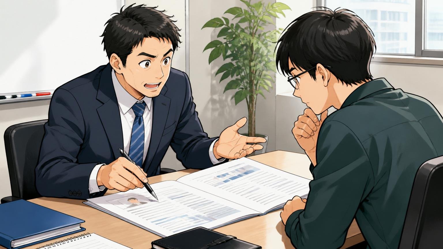 企業の会議室でキャリアアドバイザーとエンジニア1人が職務経歴書を広げて真剣に対話する場面