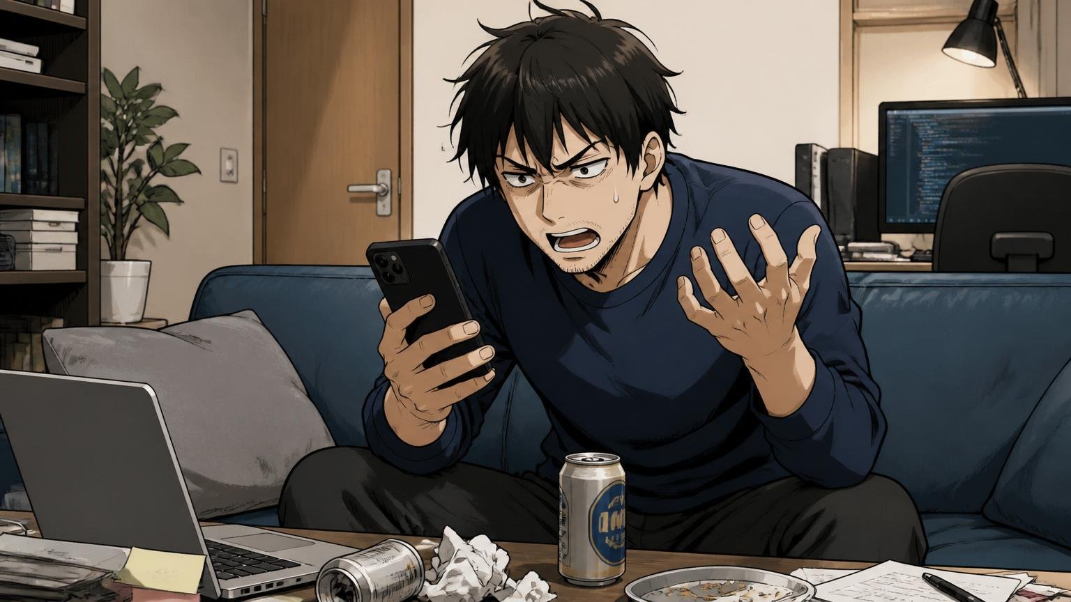 自宅のソファーでスマホを見つめながら一人で愚痴を吐く30代男性エンジニア1人。テーブルには缶ビールと残業疲れの表情