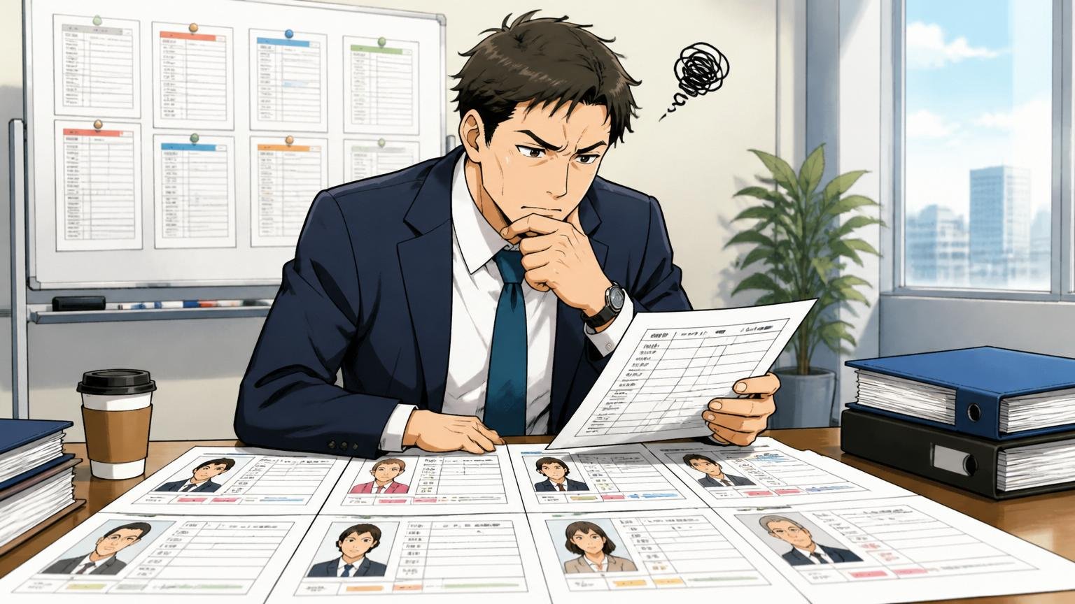 企業の会議室で人事担当者が複数の応募者の評価表を比較検討する、悩む表情と落ち着いた雰囲気