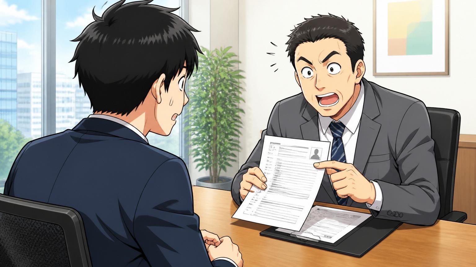 企業の会議室でキャリアアドバイザーと向き合い職務経歴書を確認する応募者1名