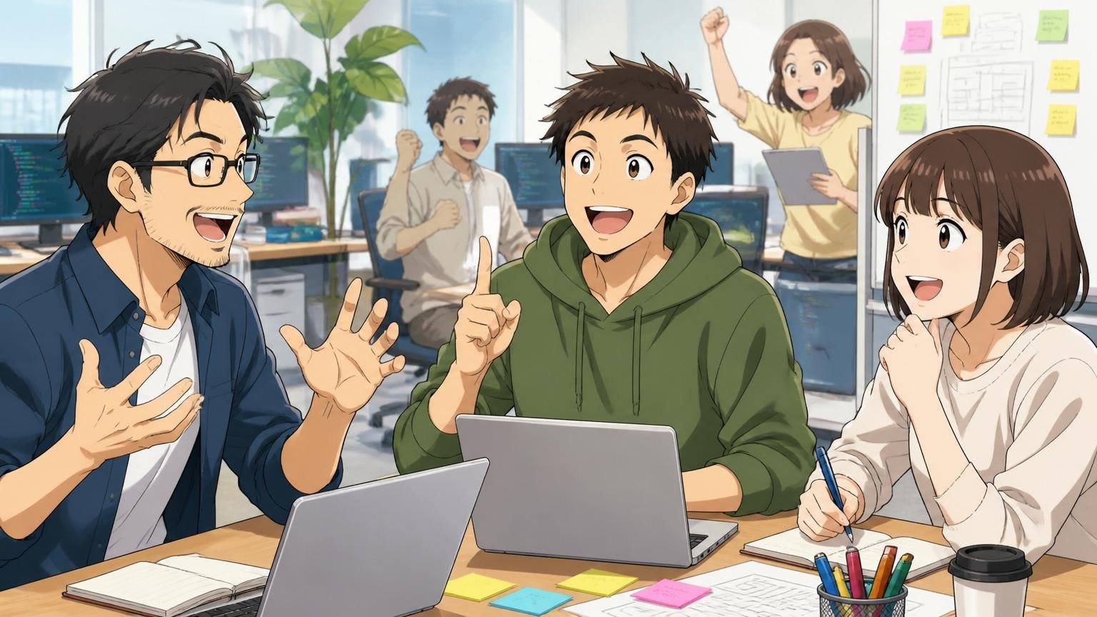 Web系スタートアップのオフィスで30代エンジニアが笑顔で同僚と新しいプロジェクトを話し合う