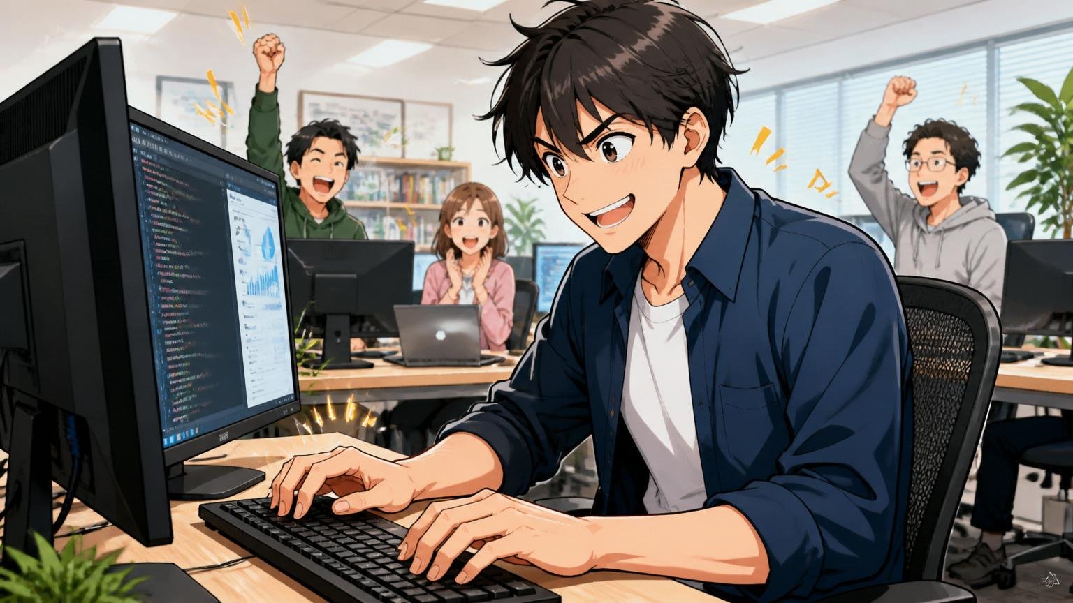Web系自社開発企業のオフィスで成長を実感しながらキーボードを叩く30代エンジニアの様子