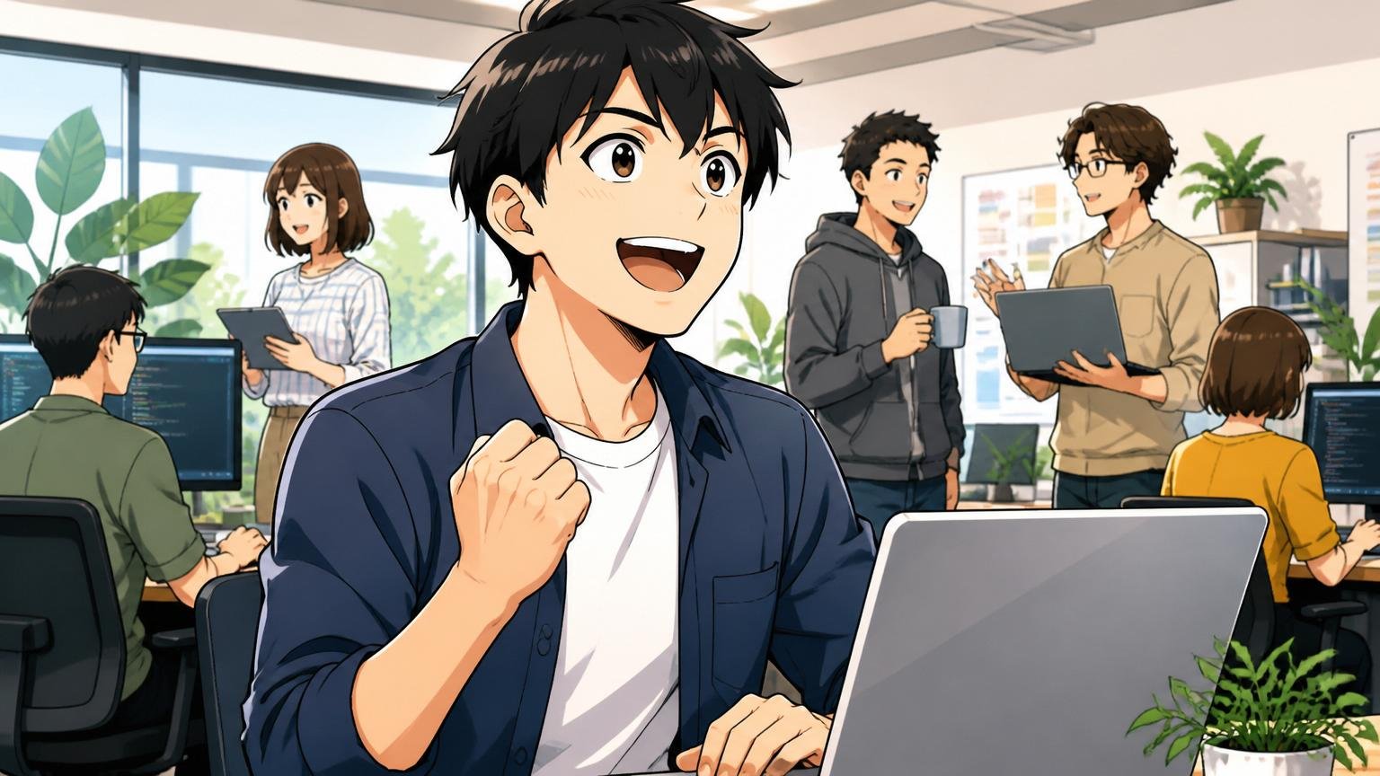 落ちたことは「キャリアの否定」ではない / Web系スタートアップのオフィスで前向きに働く30代男性1人、自信を取り戻した表情
