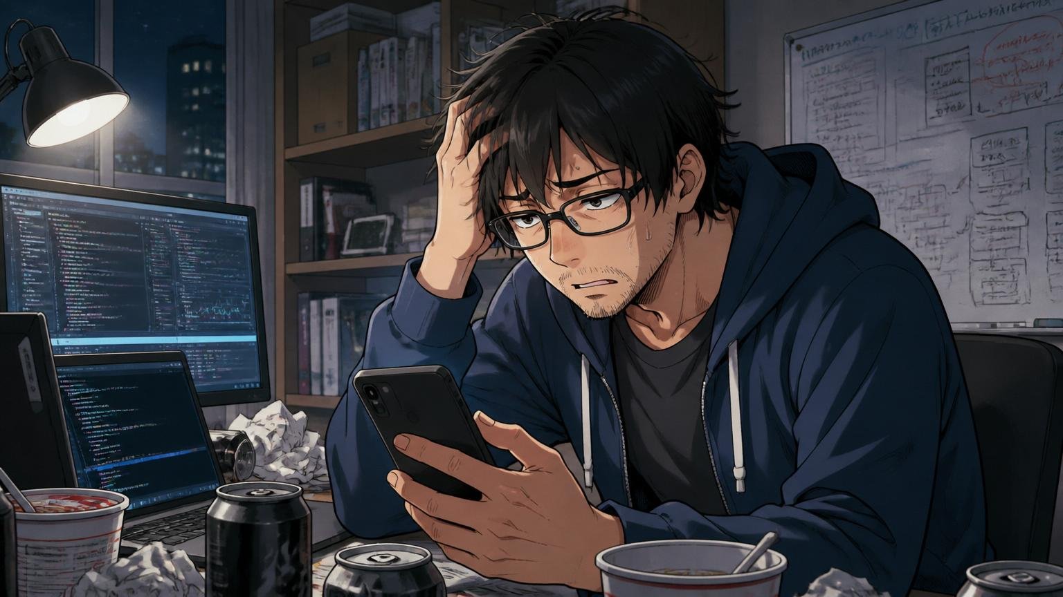 深夜の自室で1人スマホ片手に原因分析を続けて疲弊する30代のITエンジニア男性
