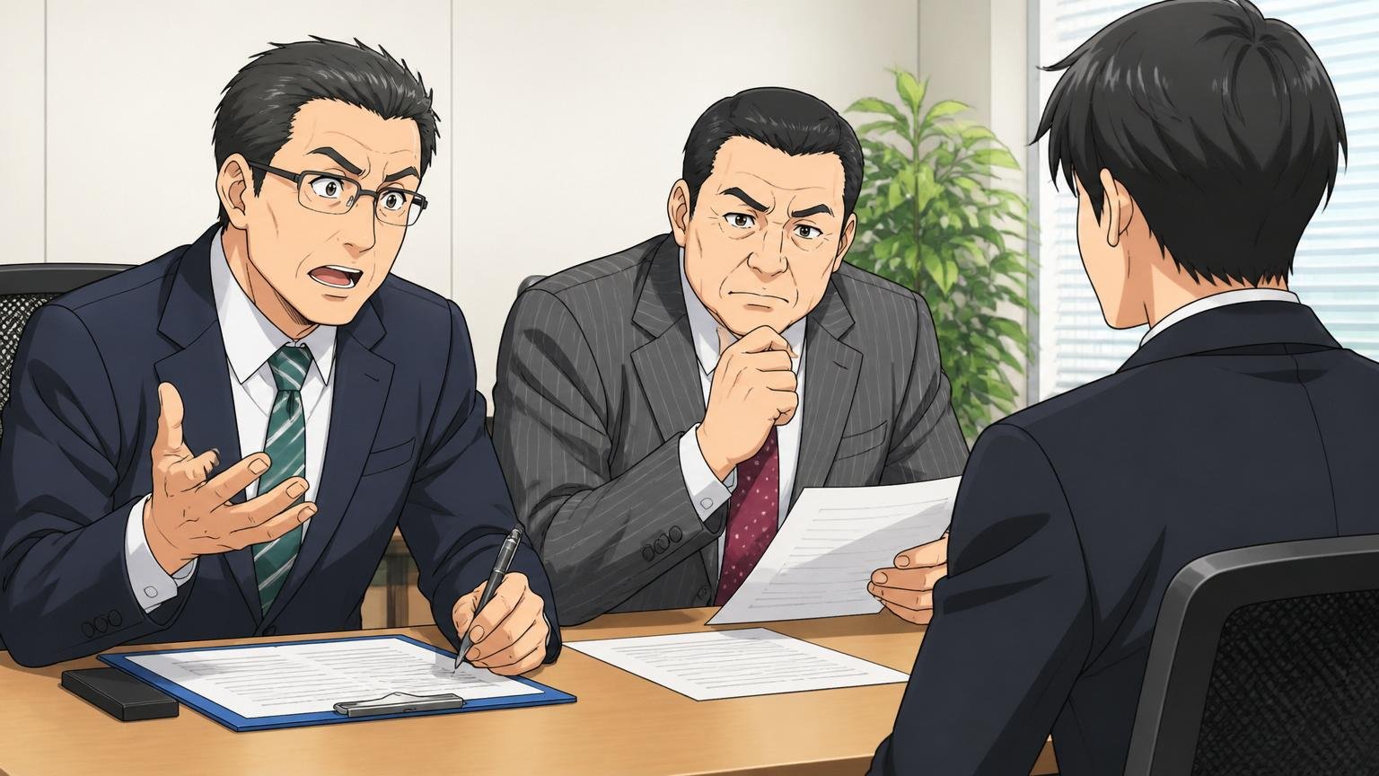 企業の会議室で最終面接、管理職クラス2人が応募者に派遣の働き方について質問する場面