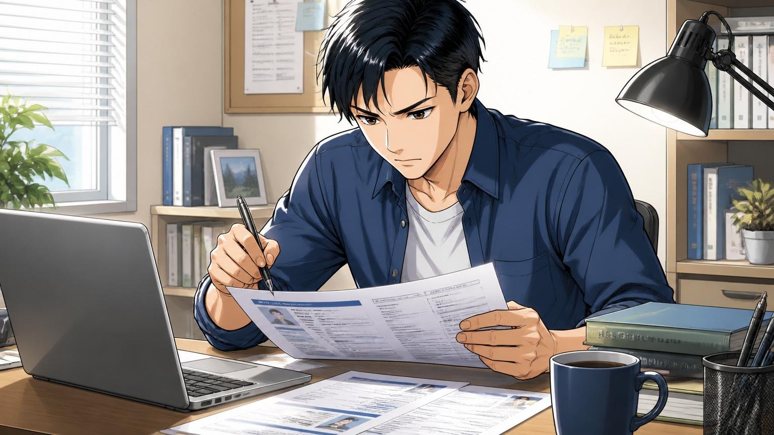 再応募までの間にやるべき3つの準備 自宅のデスクで職務経歴書をブラッシュアップするエンジニア 30代1人 集中した表情