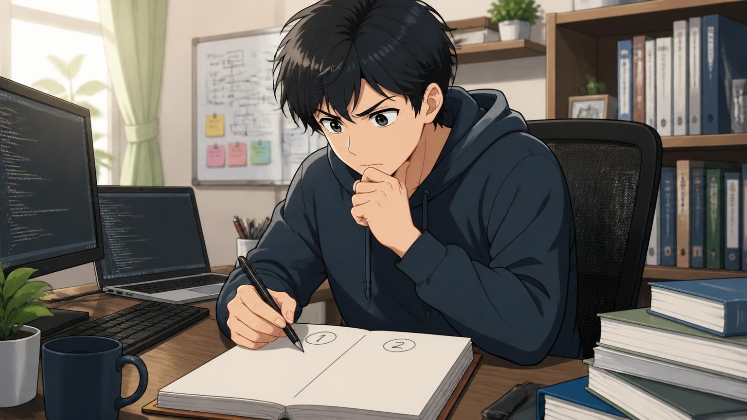 自宅のデスクでノートに2つの選択肢を書き出してペンを止め思案にふけるエンジニアの手元