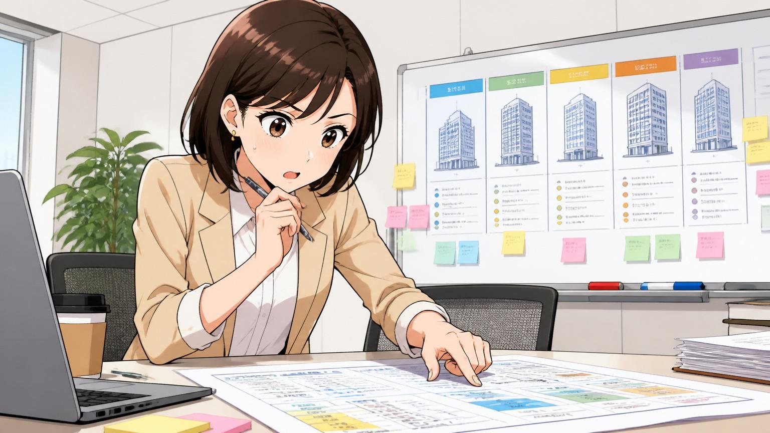 企業の会議室で大手SIerやIT特化企業の選択肢を比較表で整理する転職活動中の30代女性ビジネスパーソン