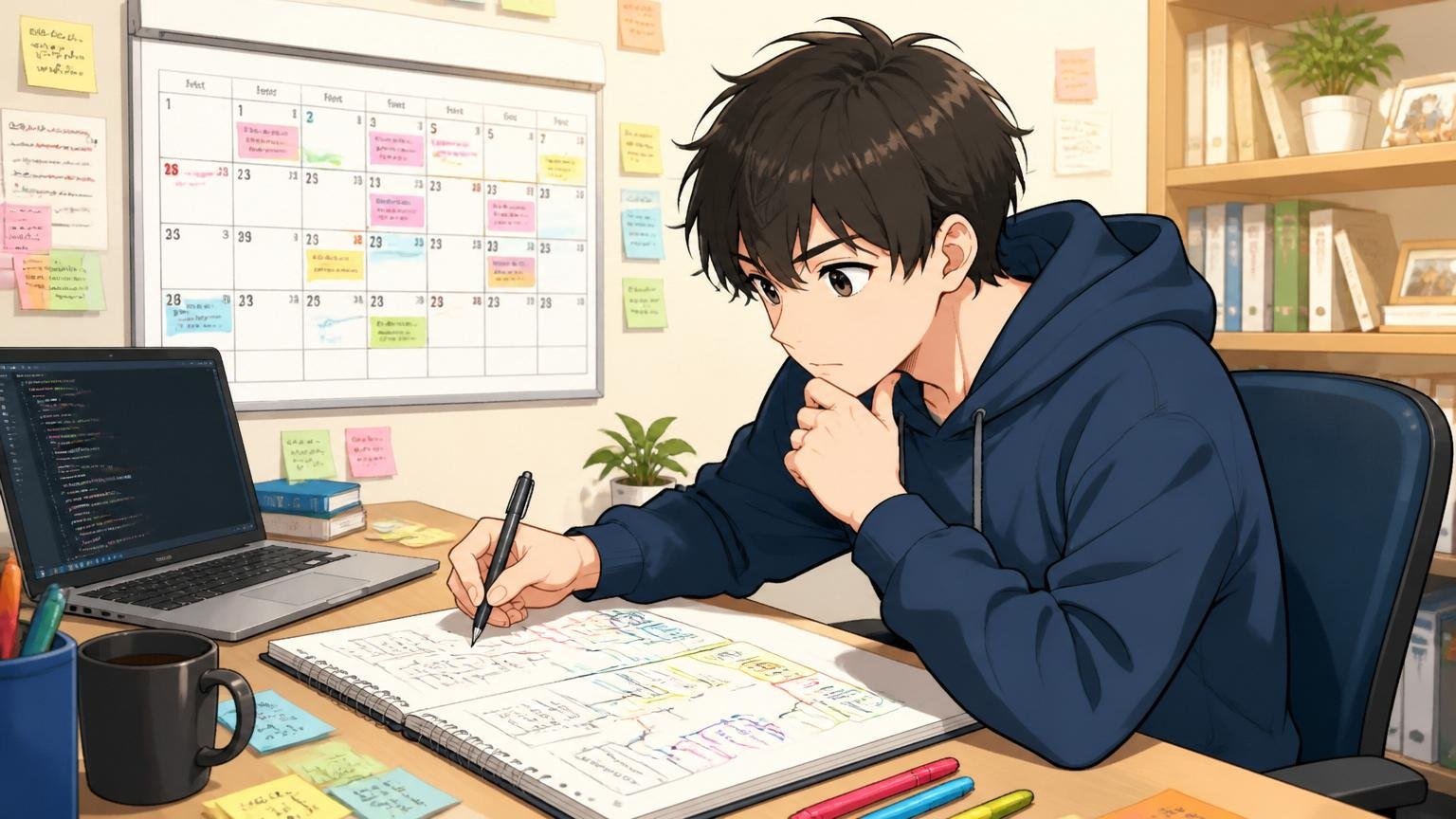 自宅のデスクでカレンダーを見ながら今後のキャリアプランを書き出す若手エンジニア