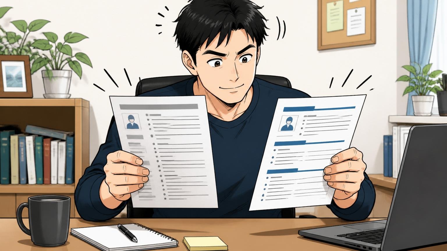 自宅のデスクで在宅勤務中の30代男性、過去の職務経歴書と新しい書類を並べて比較しながら頷く姿