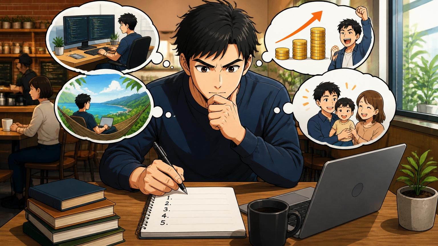 判断軸「あなたが本当に求めているもの」を言語化する カフェで30代エンジニア1名 ノートにキャリアの優先順位を書き出す