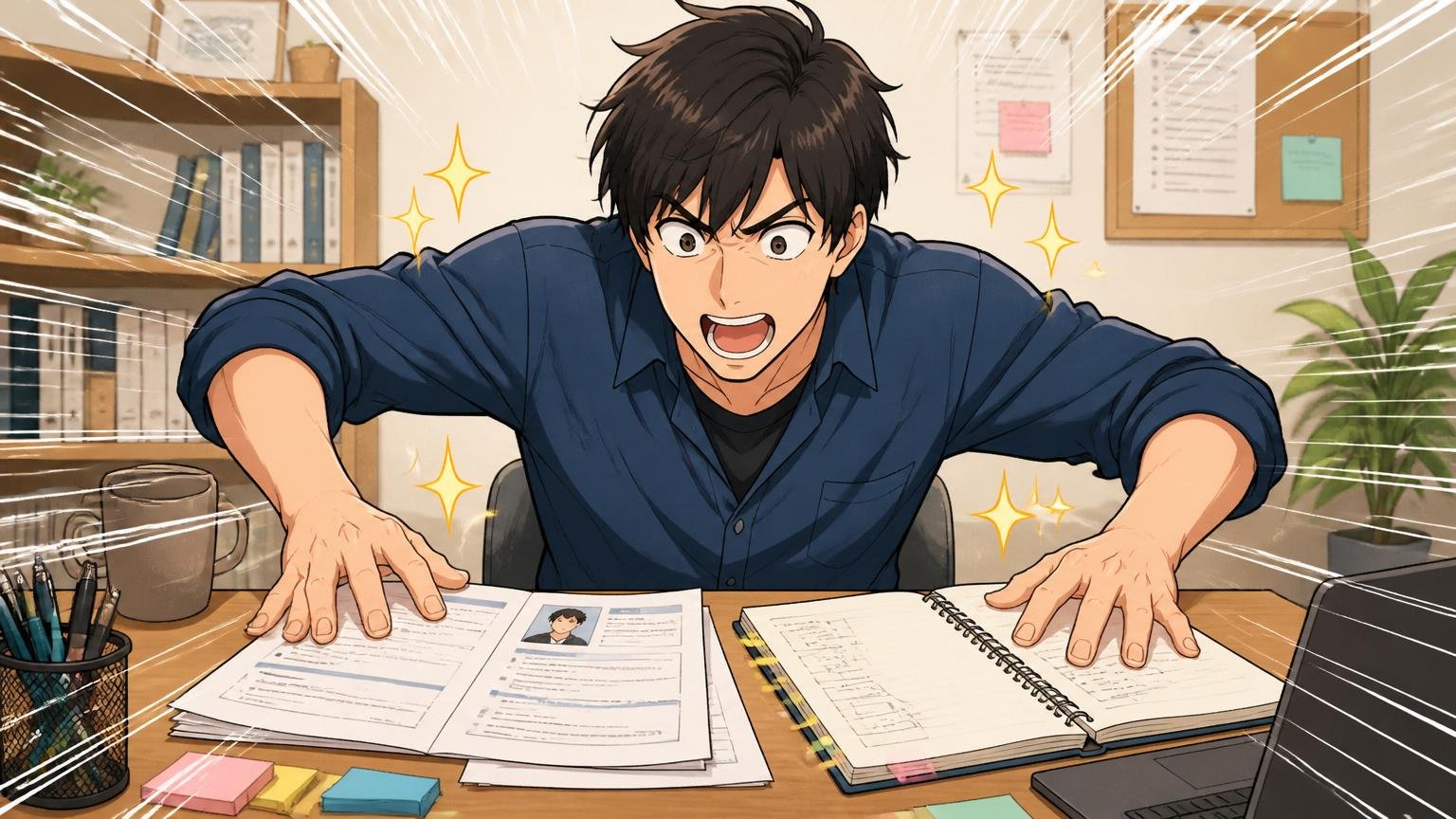 自宅のデスクで職務経歴書とノートを並べて整理する男性エンジニアのシーン。1人。整理と冷静のオーバーリアクション