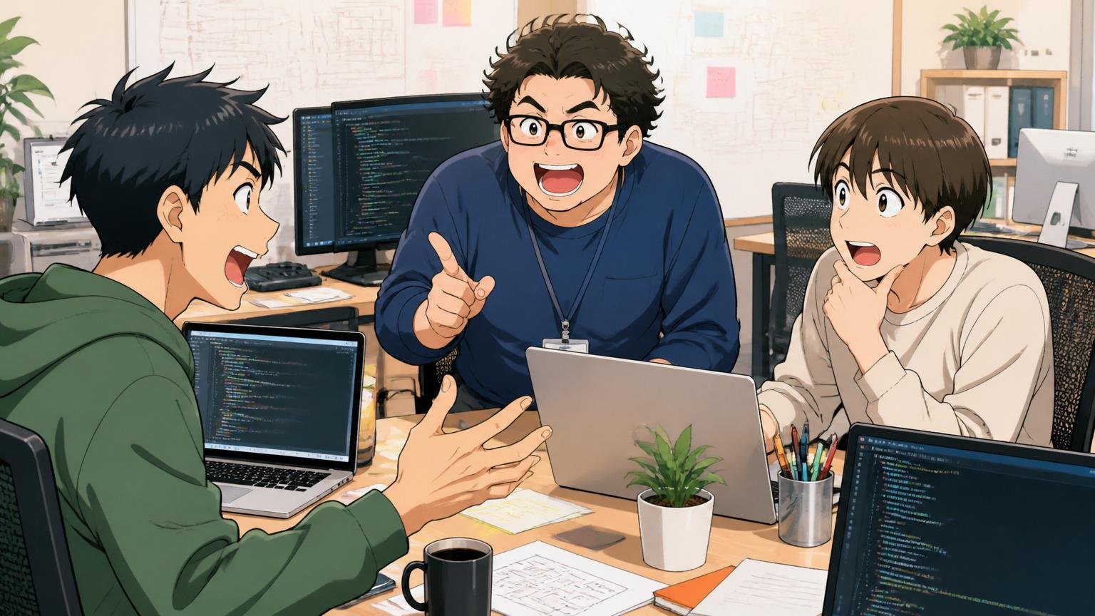 Web系自社開発コンサルへ方向転換する。Web系スタートアップのオフィスで複数のエンジニア3名、活気あるディスカッション