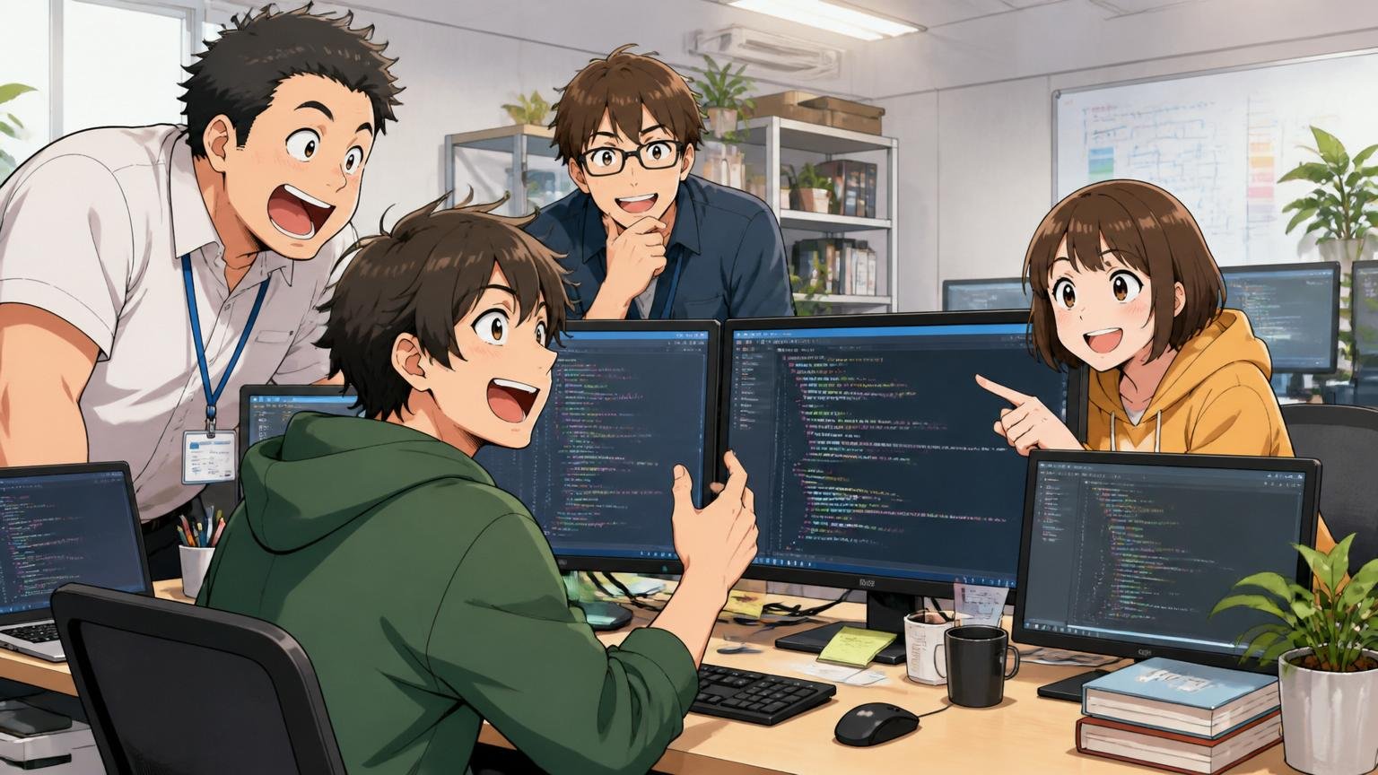 Web系スタートアップのオフィスで複数のディスプレイに向かいながら談笑する若手エンジニアたち
