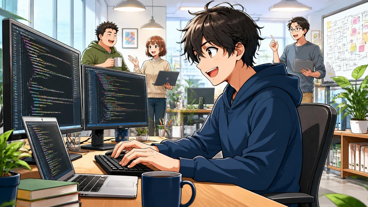 Web系スタートアップのオフィスで20代エンジニアがモダンな開発環境で楽しそうにコーディングしている