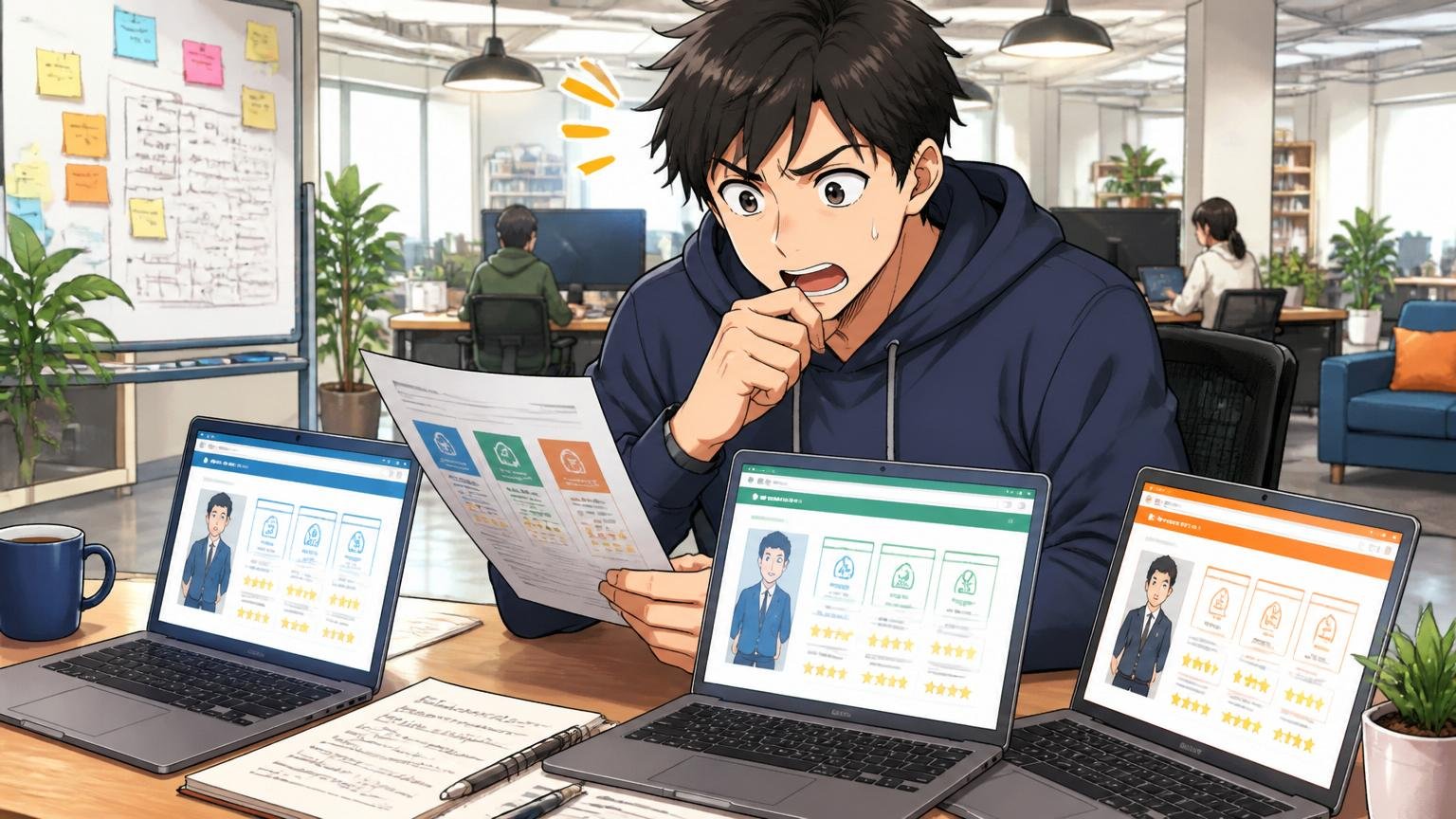 複数の転職エージェントを比較するエンジニア、Web系スタートアップのオフィス、1人