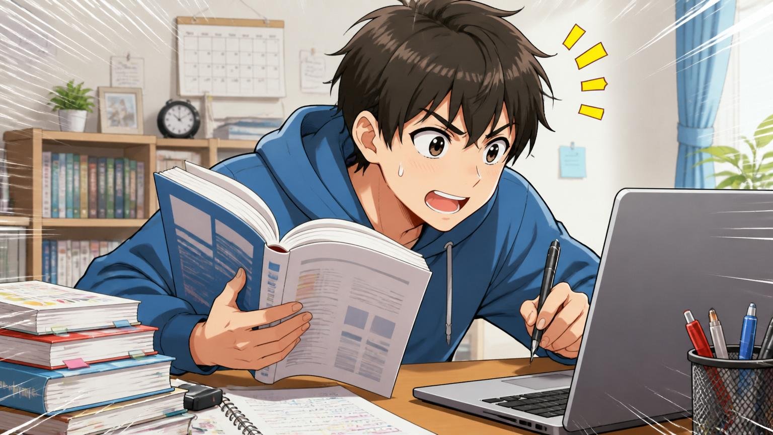 自宅のデスクで対策本を開きながらPC画面でWebテスト練習に取り組む場面
