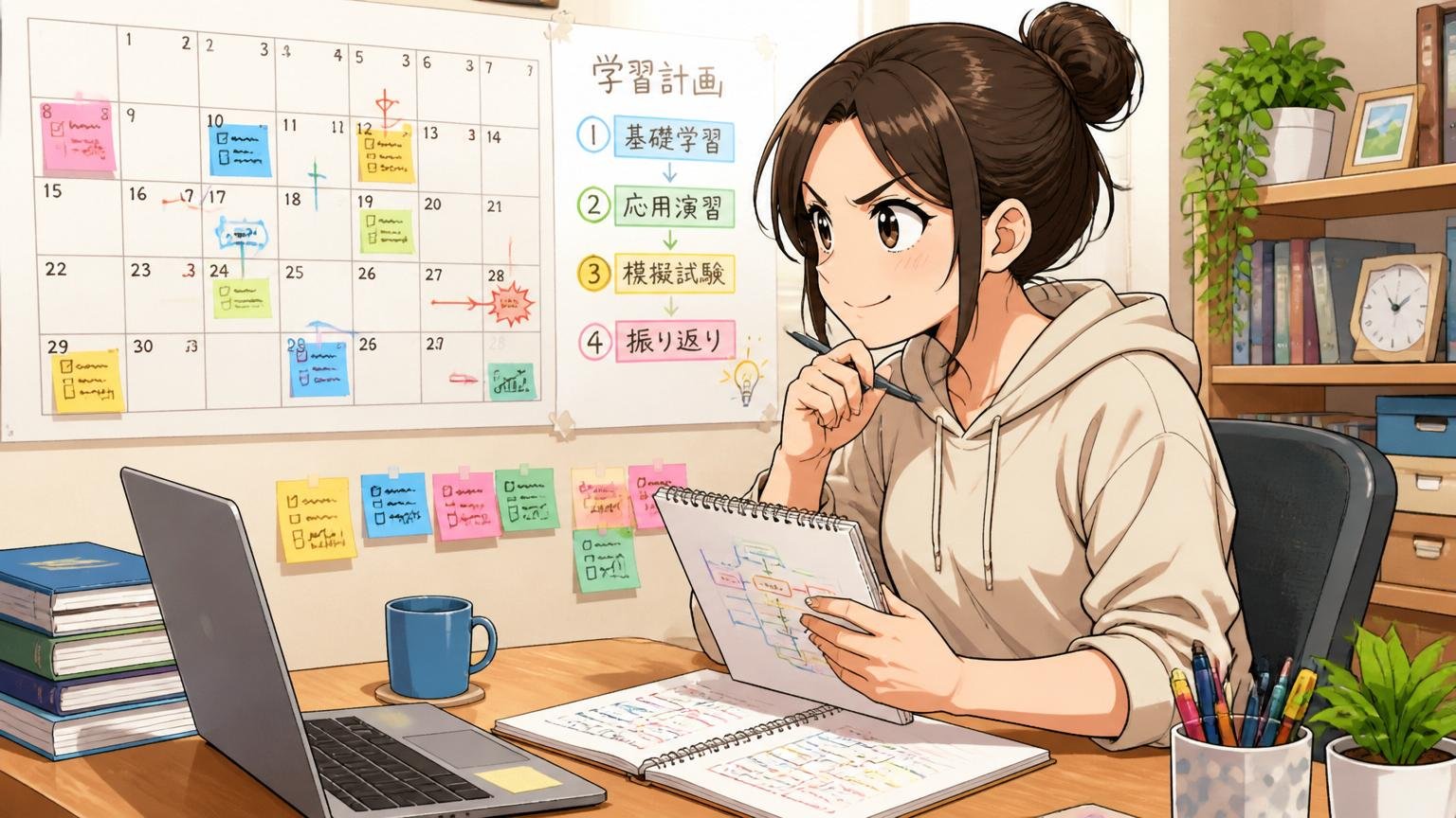 自宅のデスクで在宅勤務中の30代女性エンジニアがカレンダーと学習計画を眺めながら準備期間を設計する