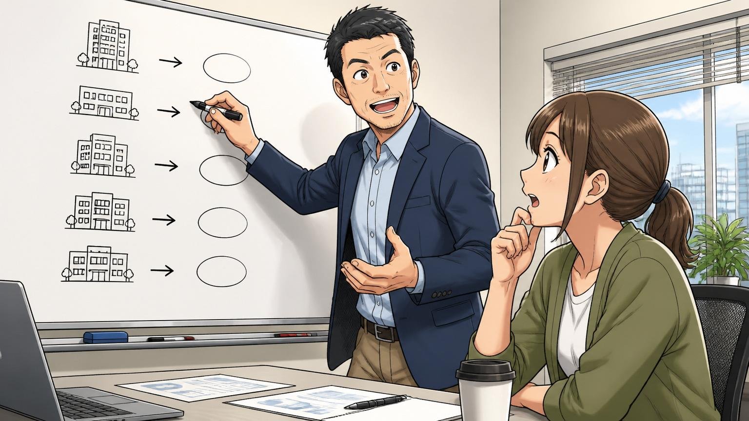 企業の会議室でホワイトボードに代替企業候補を書き出すキャリアアドバイザー40代男性1人と検討中の30代女性エンジニア1人