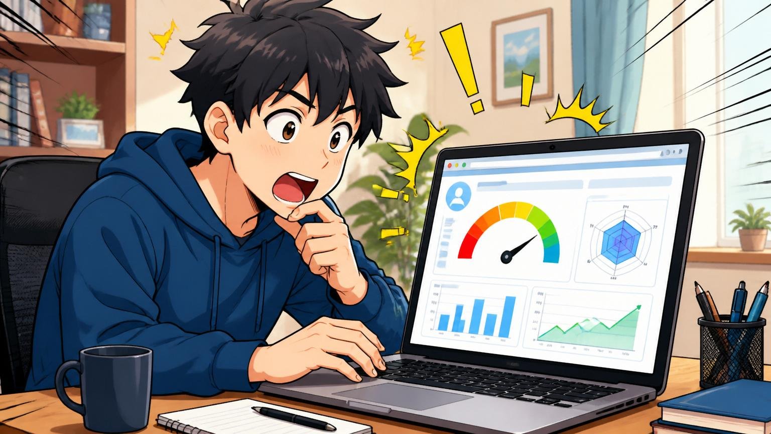 自宅のデスクで在宅勤務、1人のエンジニアが市場価値診断のWebサイトを見ている様子