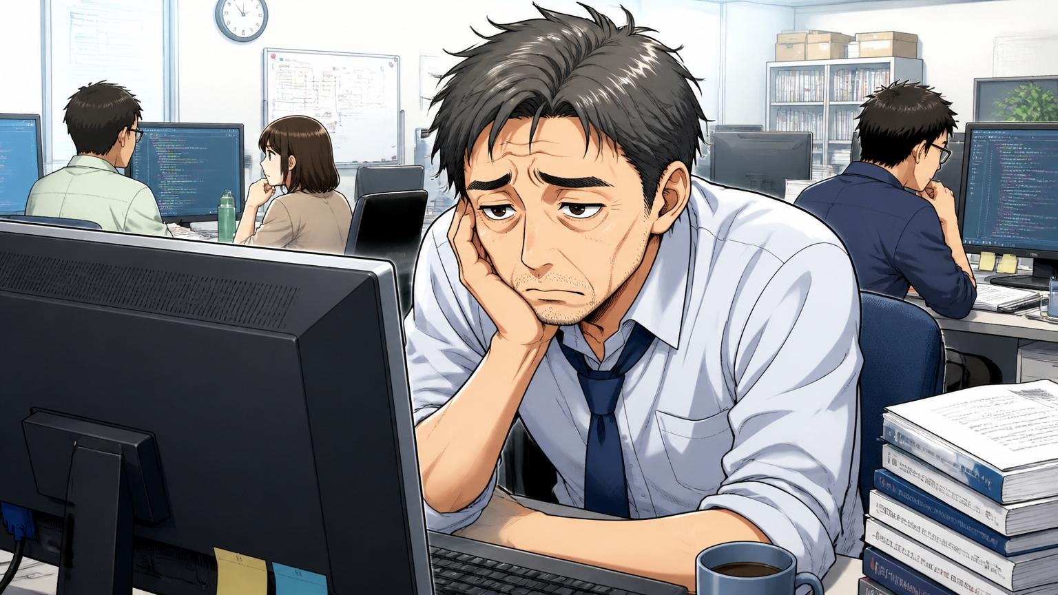 SIerの開発現場で、40代男性エンジニアがPCの前で疲れた表情を浮かべながら同じ画面を眺める様子