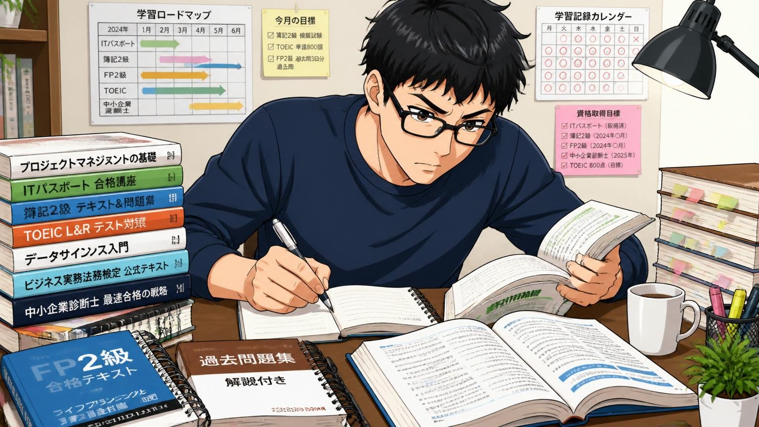 継続学習の姿勢を具体的な学習履歴で示す。自宅のデスクで30代男性1人。書籍と資格テキストに囲まれて勉強