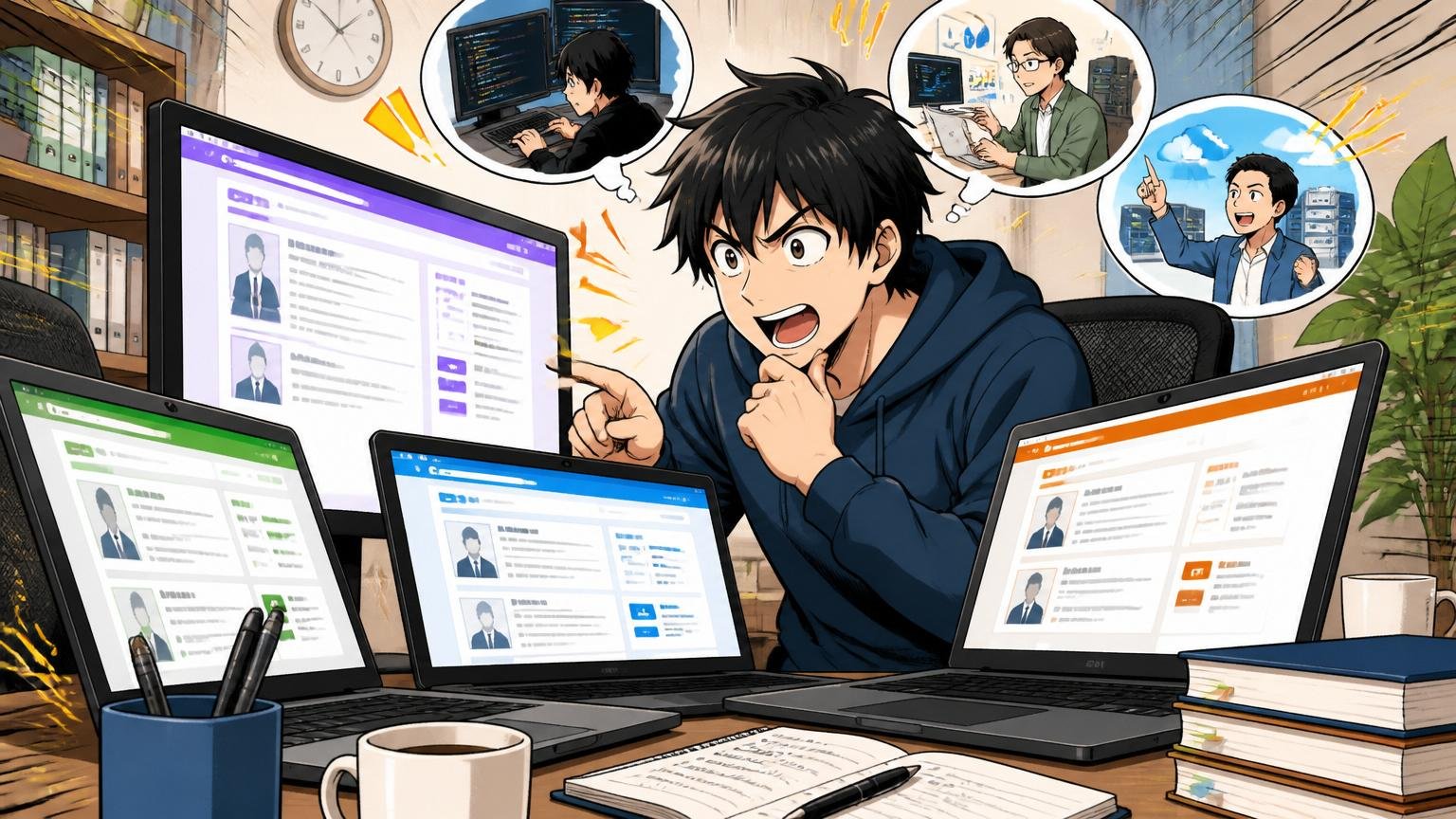 選択肢を広げて情報を集める、自宅のデスクで複数の求人サイトを開いて市場価値を調べるエンジニア
